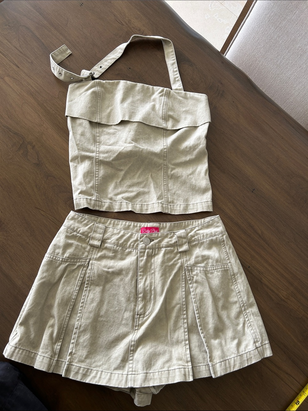 Beige Two-Piece Women’s Shorts Set - Crop Top and Skort
